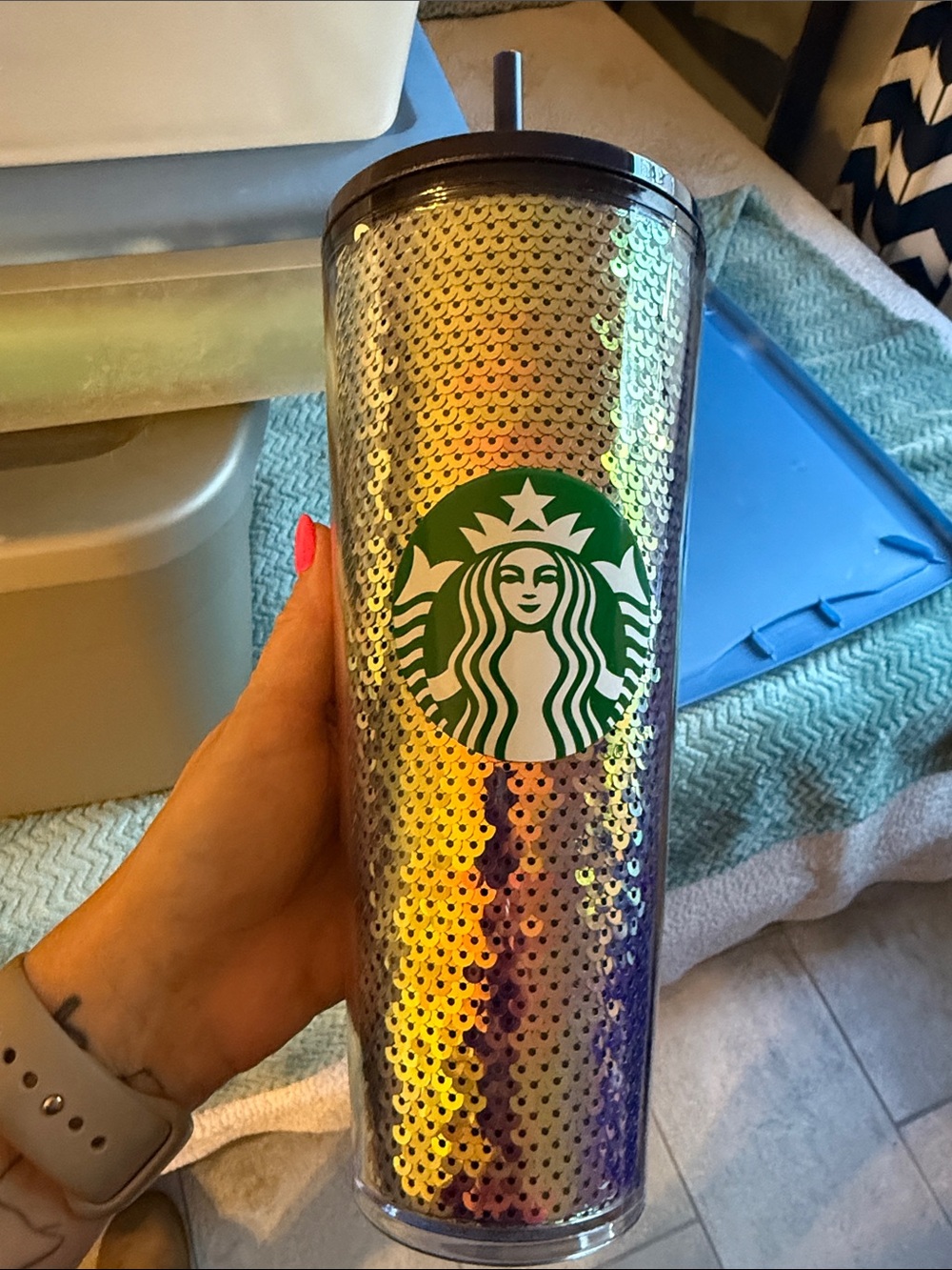 Starbucks Gold Iridescent Sequin Tumbler with Green Logo